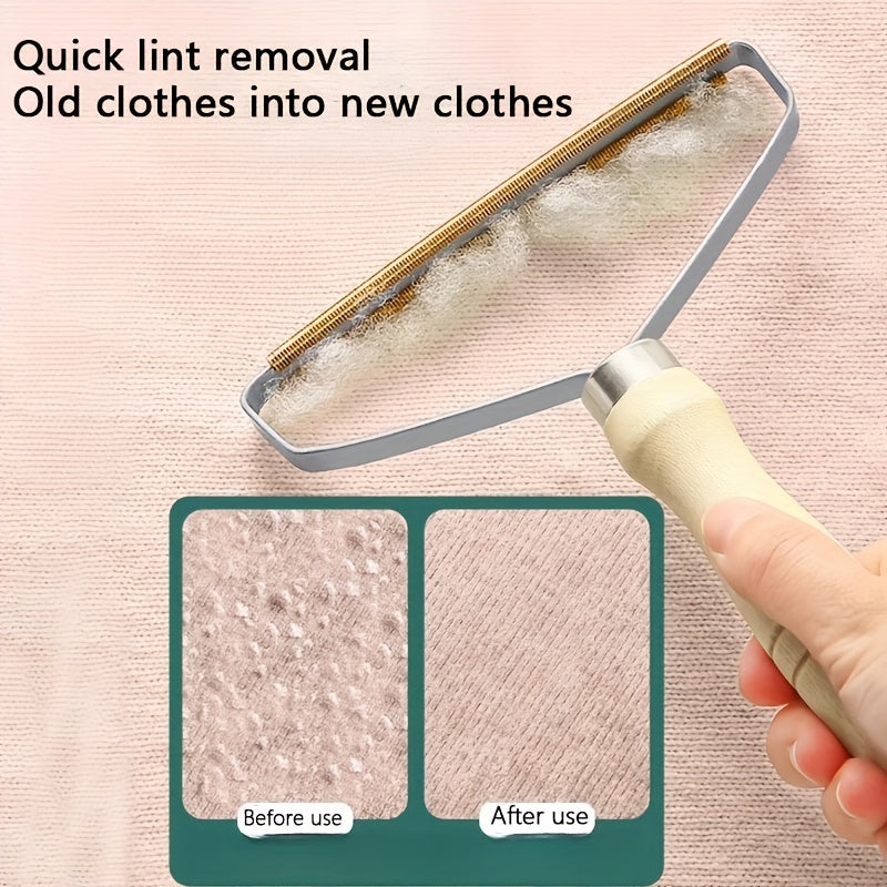 Portable Manual Lint Remover - Double-Sided Fabric Shaver for Pet Hair, Clothes, Sofa &amp; Carpet Cleaning, Wooden Handle &amp; Metal Frame, Ideal Home Utility Gift for Family and Friends