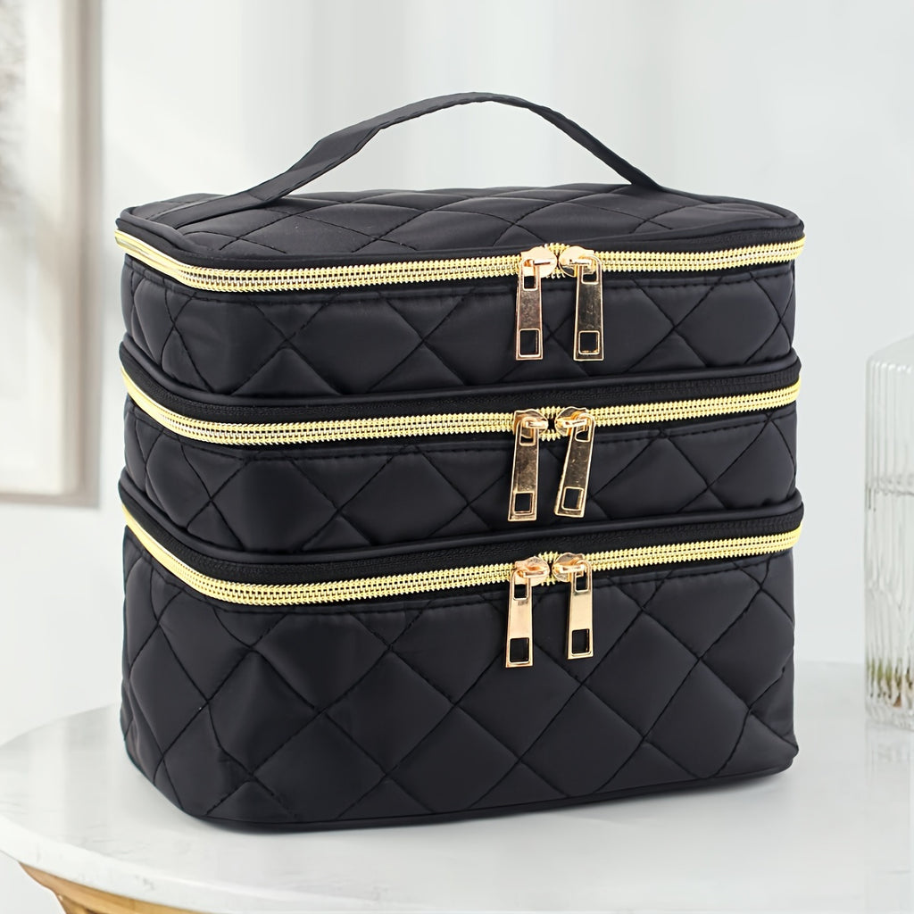 Unisex-adult Quilted Cosmetic Bag - 3-Layer Large Storage Pouch with Handles, Polyester Unscented Travel &amp; Home Organizer