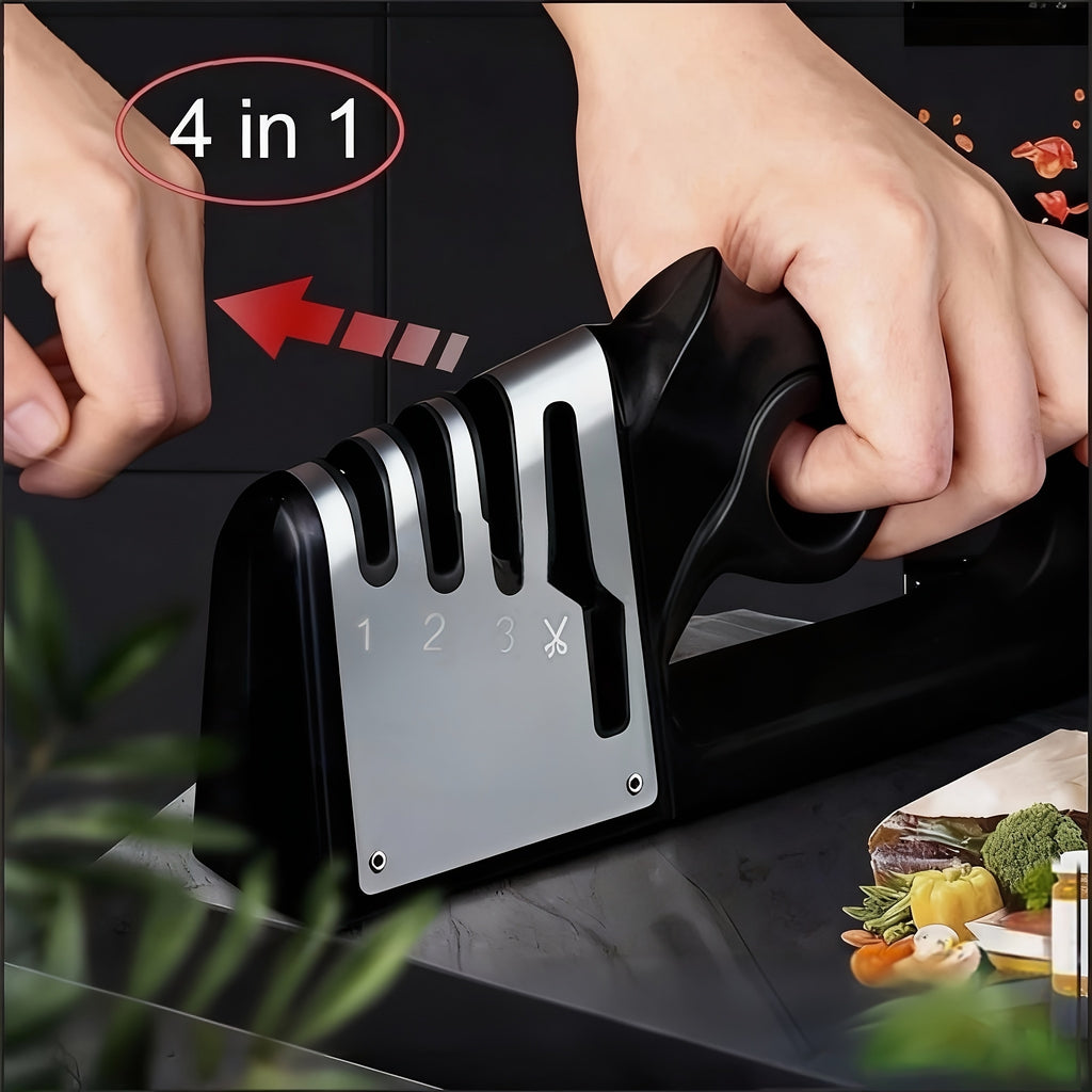 Aiguiseur 4-en-1 professionnel : affûte rapidement couteaux et outils de cuisine. Base antidérapante, ABS durable, usage maison et restaurant, sans électricité.