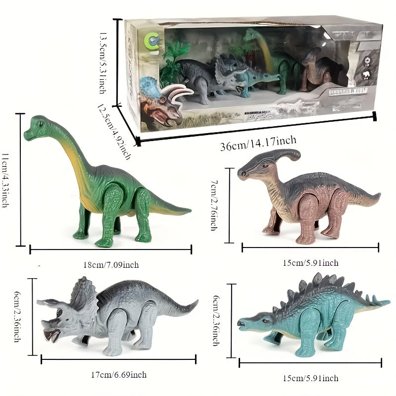 Realistic 4-in-1 dinosaur and 2-in-1 tree, movable jaws and eyes, durable plastic, interactive toy.