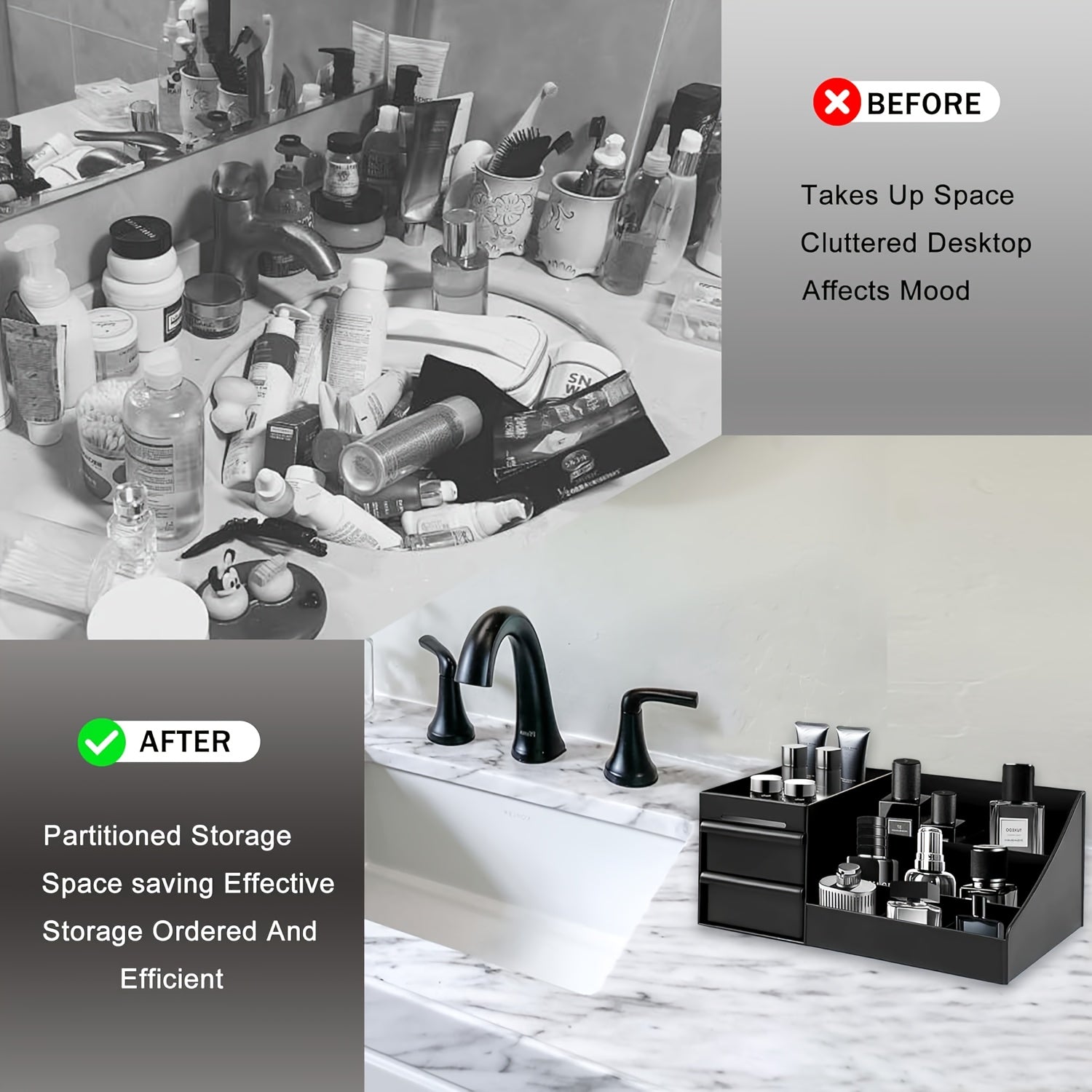Organisateur pour parfums homme avec tiroirs, rangement soins et toilette, multi-compartiments, design moderne, plastique durable, idéal salle de bain ou coiffeuse.