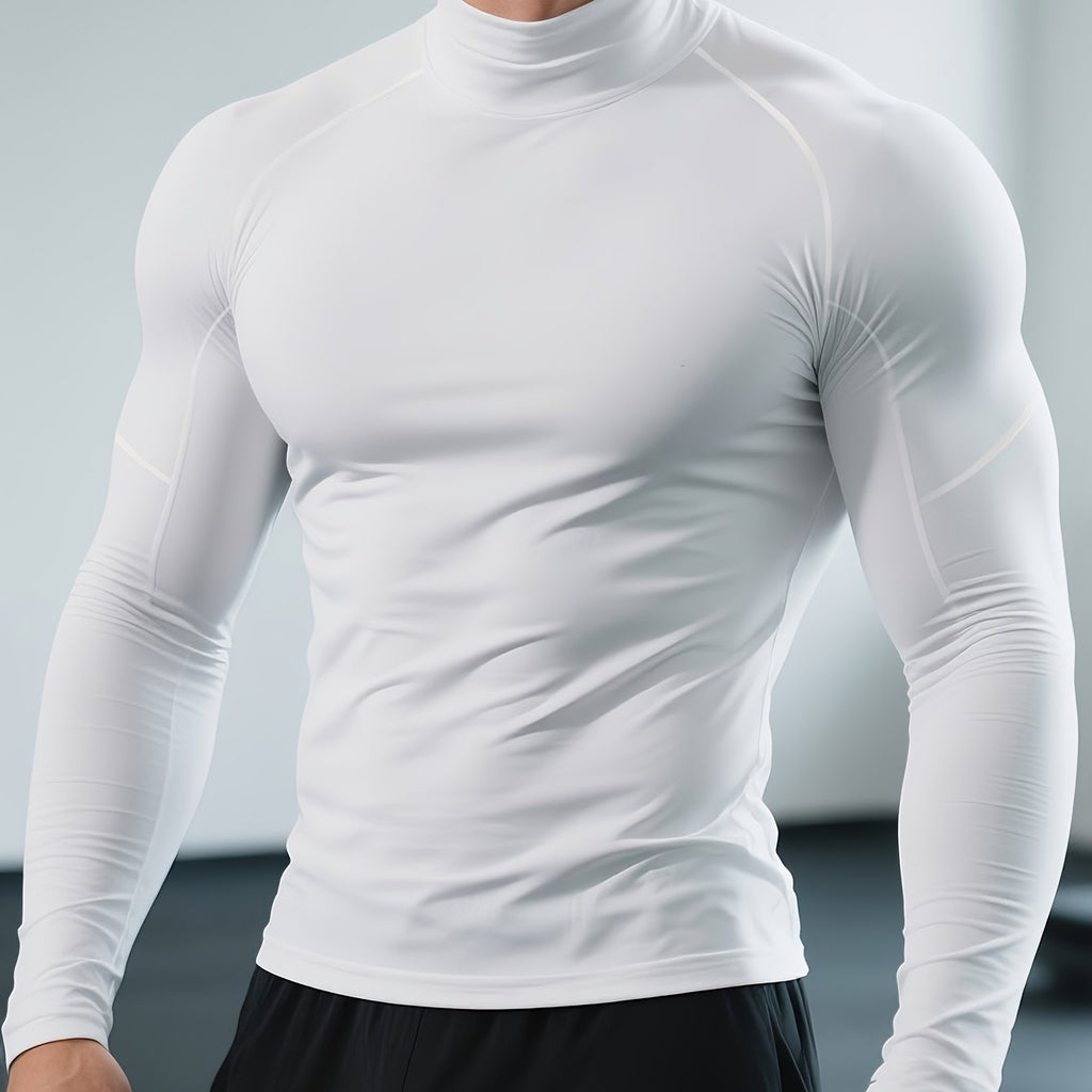 T-shirt de fitness homme à séchage rapide, col haut et manches longues, ajusté, parfait pour le gym, boxe et entraînements toute saison.
