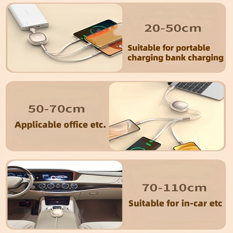 Câble USB rétractable 3-en-1, charge rapide 100 W, compatible USB-C/Micro USB/iPhone, transfert données 480 Mbps, alimentation ≤36 V.
