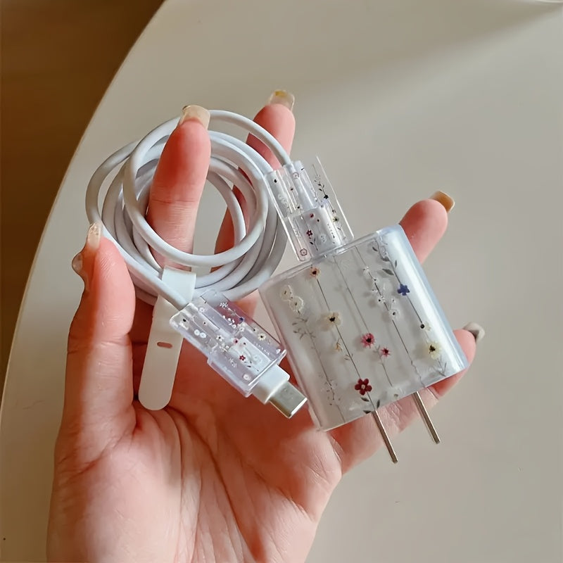 5pcs Set: 1 Transparent Phone Case with Colorful Flower Design + 1 Charger Protector + 2 Cable Protectors + 1 White Soft   Cable Ties Suitable for iPhone 16/16 Pro/16 Pro Max/16 Plus/11/11 Pro/11 Pro Max/12/12 Pro/12 Pro Max/