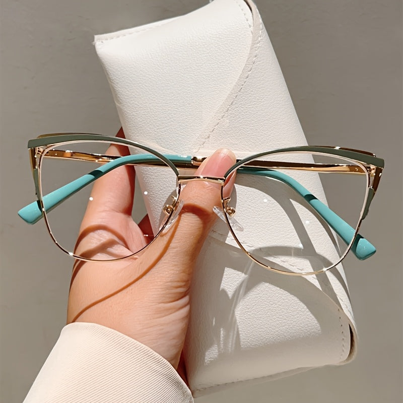 Paire de lunettes style œil de chat pour femmes, monture métallique légère, tendance rétro, couleur rose élégante, sans correction.