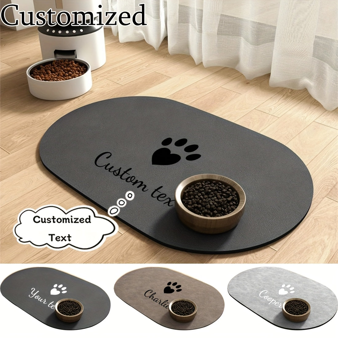 1pc Customizable Quick-Dry Pet Feeding Mat, Personalized Name Customization, Suitable for Dogs and Cats, Non-Slip Rubber Base, Prevents Clutter in Watering Areas, Indoor Use, Dark Grey, Minimalist Design, Ideal Gift for Pet O