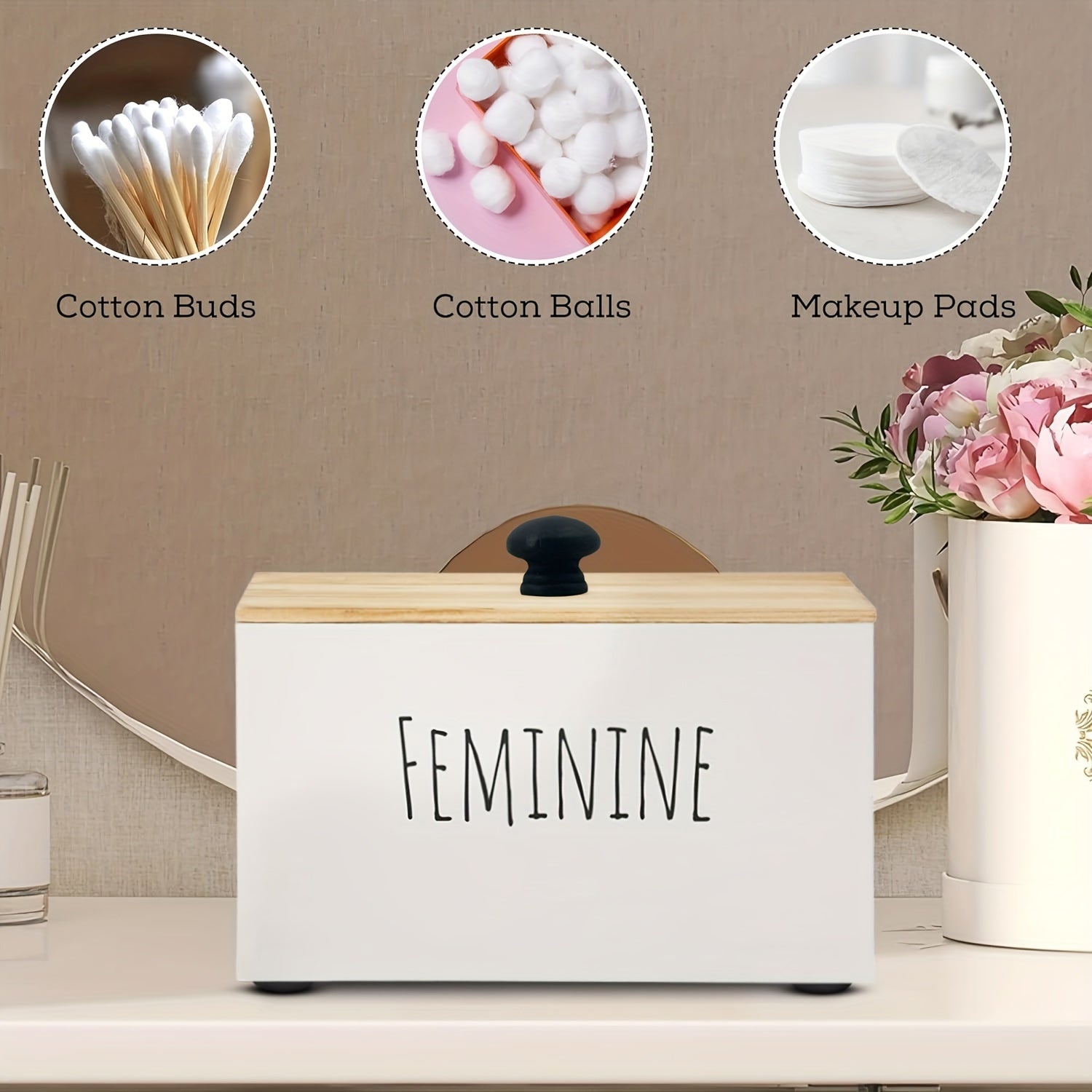 Heaven and Earth Solid Wood Desktop Storage Box with Lid - Multi-Purpose Organizer for Bathroom, Sanitary Pads, Makeup Pads & Household Essentials, Rectangular Design, No Power Needed, Bathroom Organizers And Storage, Minimal