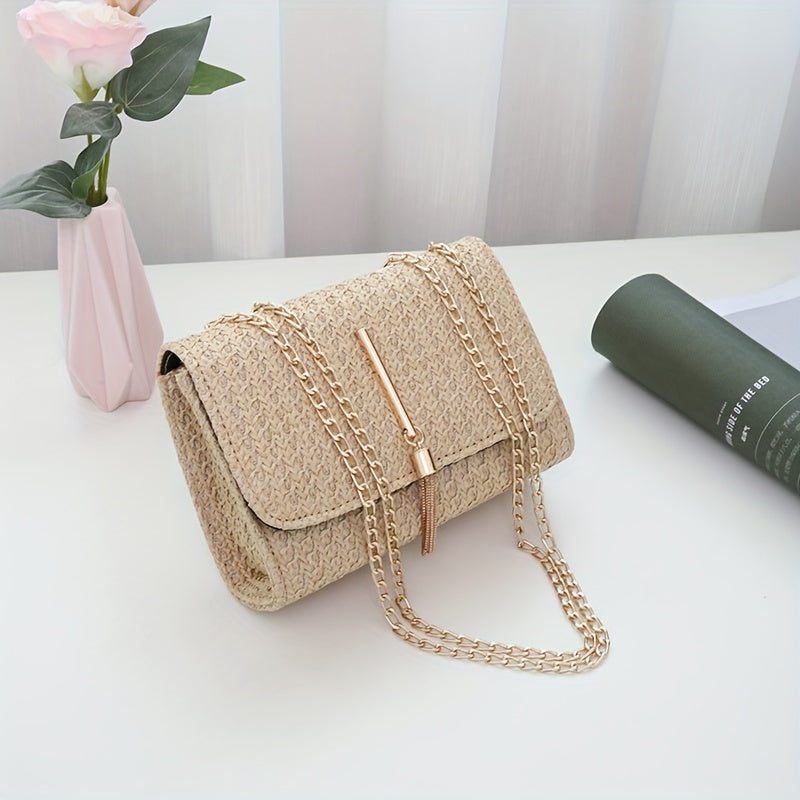 Visually Appealing Woven Crossbody Bag with Golden-Tone Hardware &amp; Detachable Chain Strap - Lightweight Casual Small Square Shoulder Bag for Women, Spacious Snap Closure Purse for Commuting &amp; Travel (19.05x7.11x13.97 cm), Cro