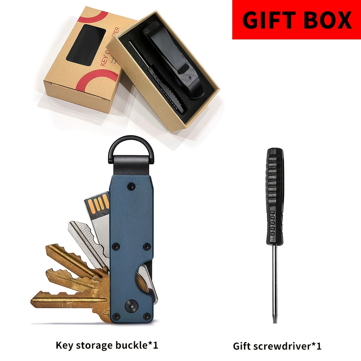 Boîte à clés compacte en métal, motif fibre de carbone, résistante aux rayures, légère et portable, avec mini tournevis et porte-clés bleu.