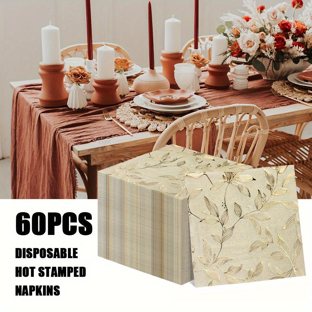 60pcs Elegant Golden Leaf Stamped Disposable Napkins - 33.02x33.02cm Square Paper Placemats, Perfect for Family Gatherings, Weddings, Parties &amp; Restaurants