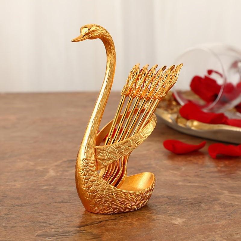 Golden and Silvery Gray Alloy Metal Spoon Set, Elegant, Rustproof, Durable, Washable, Flatware Set with Swan Decorative Stand, Cute Coffee Spoon, Dessert Spoon, for High-end Restaurants, Camping, Dining, Mother'S Day, Father'