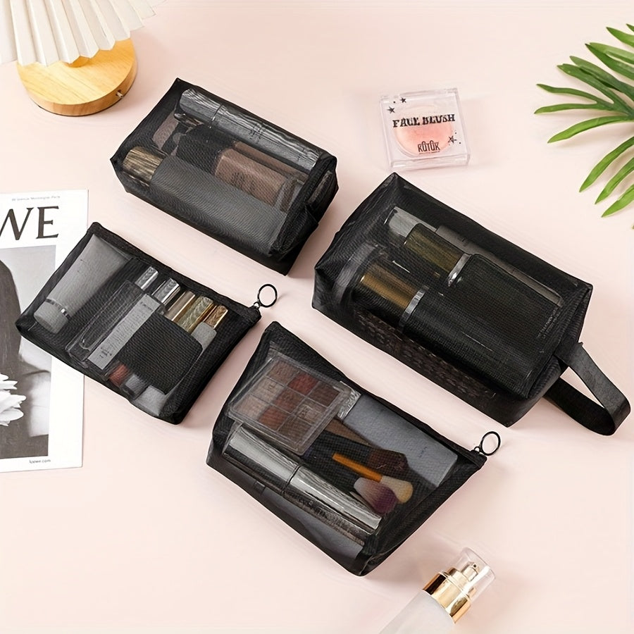 Set de 4 pochettes en filet avec poignées – grand, moyen, petit, multifonction : maquillage, monnaie, documents, voyage ou maison.