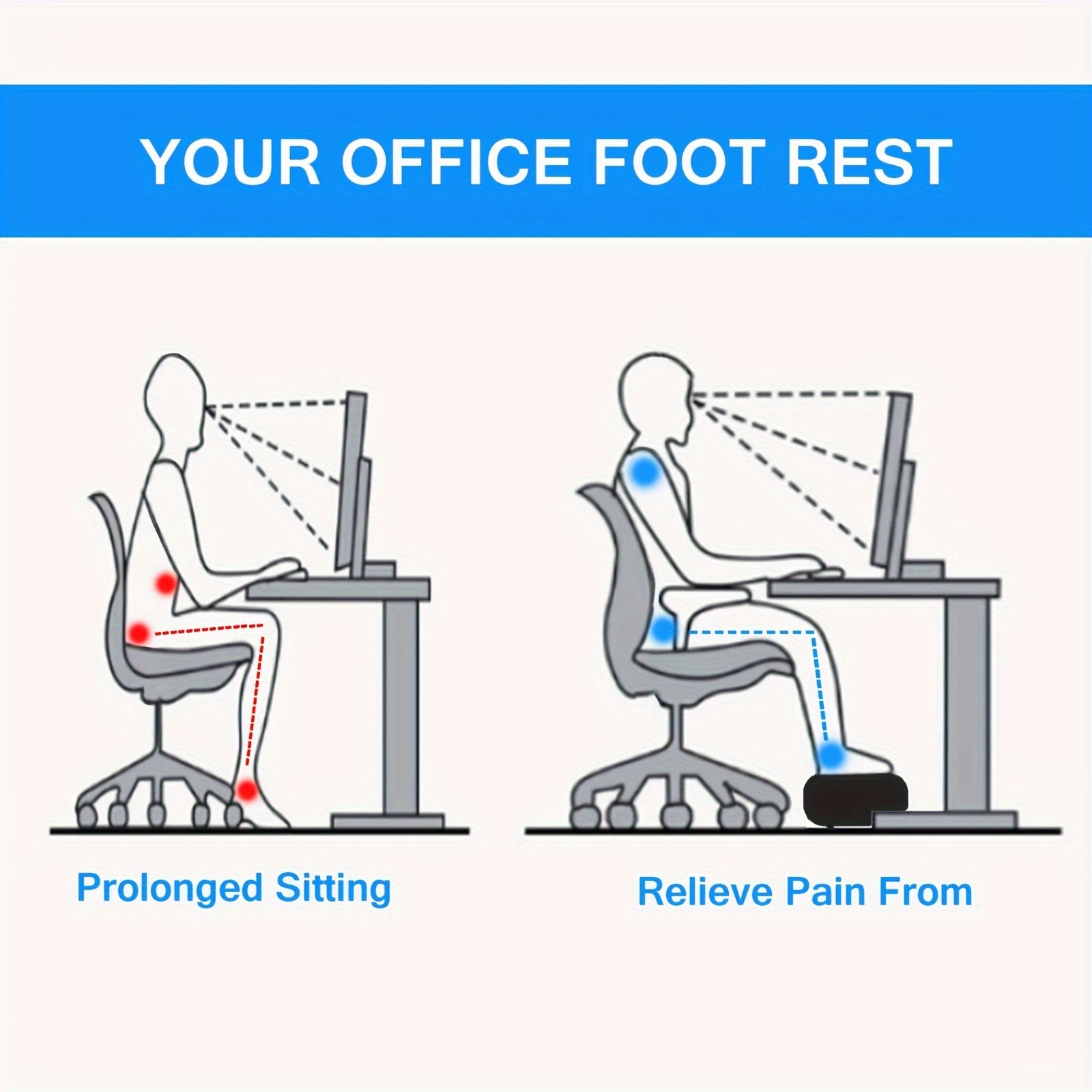 Repose-pieds polyvalent pour bureau, maison ou voiture, assise confortable, hauteur réglable, housse lavable, ergonomique et pratique pour soulager jambes et dos.