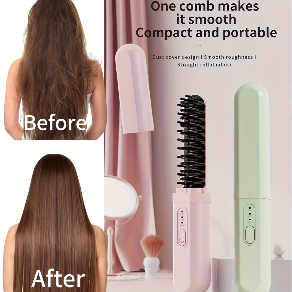 Brosse lissante et peigne USB rechargeable, fonctions lissage et boucle, ions négatifs, anti-brûlure, usage sec/humide, compacte pour voyage.