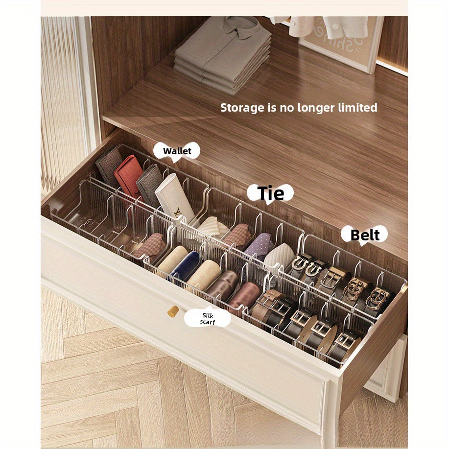 Boîte de rangement transparente avec compartiments amovibles, idéale pour ceintures, foulards, cravates, cosmétiques, bijoux et vêtements, pour tiroirs ou placard.