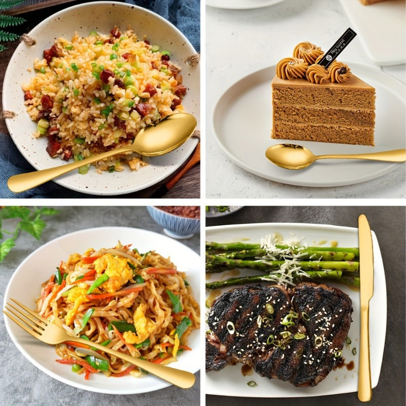 Set de Couverts en Acier Inoxydable : Acier haute qualité, finition miroir, lavable au lave-vaisselle, idéal cuisine, restaurant et camping.