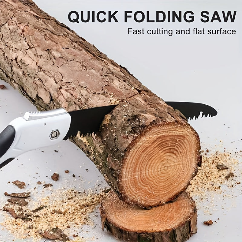 Scie pliante portable, coupe rapide et économique en effort, légère et compacte, idéale pour jardinage, bricolage et activités de plein air.