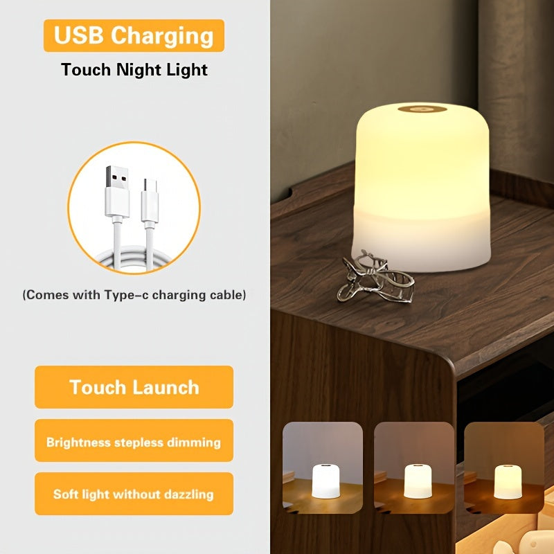Lampe de nuit LED USB tactile, 3 intensités, compacte pour table de chevet, idéale pour chambre et éclairage d’ambiance.