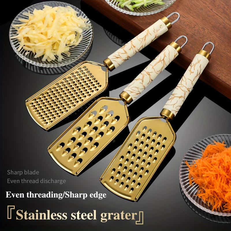 3/1pc grater Stainless steel shredder Household kitchen radish grater potato shreds onion shreds ginger shreds melon fruit vegetable shreds cheese raw grater handle can be held safely without hurting hands, Golden appearance,