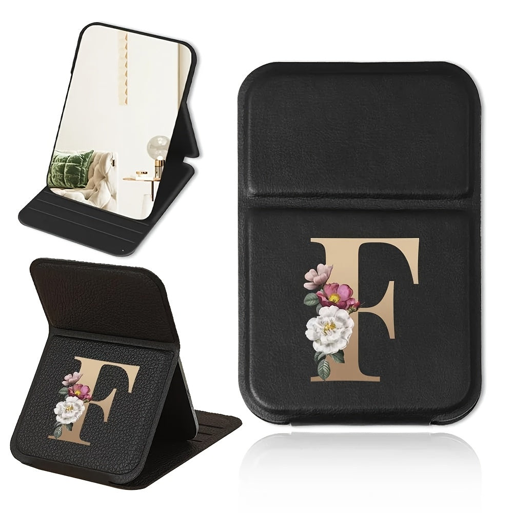 Miroir de maquillage pliable portable, design floral noir et doré, léger, étanche et anti-poussière, parfait cadeau pour enseignants et proches.