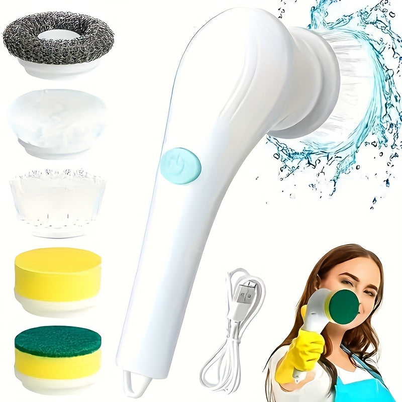 Brosse électrique magique avec 5 têtes, USB rechargeable, multi-usages cuisine, salle de bain, sols et carreaux, nettoie facilement pots et vitres.
