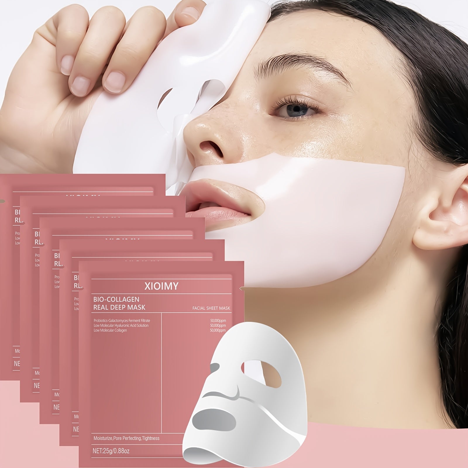 5pcs Xioimy Collagen &amp; Hyaluronic Acid Facial Masks - Deep Hydration, Brightening &amp; Firming, Hypoallergenic, Fragrance-Free, All Light Beige Types, Unisex Skincare for Dry, Dull, Loose Light Beige, Skincare Routine, Sleek Pac