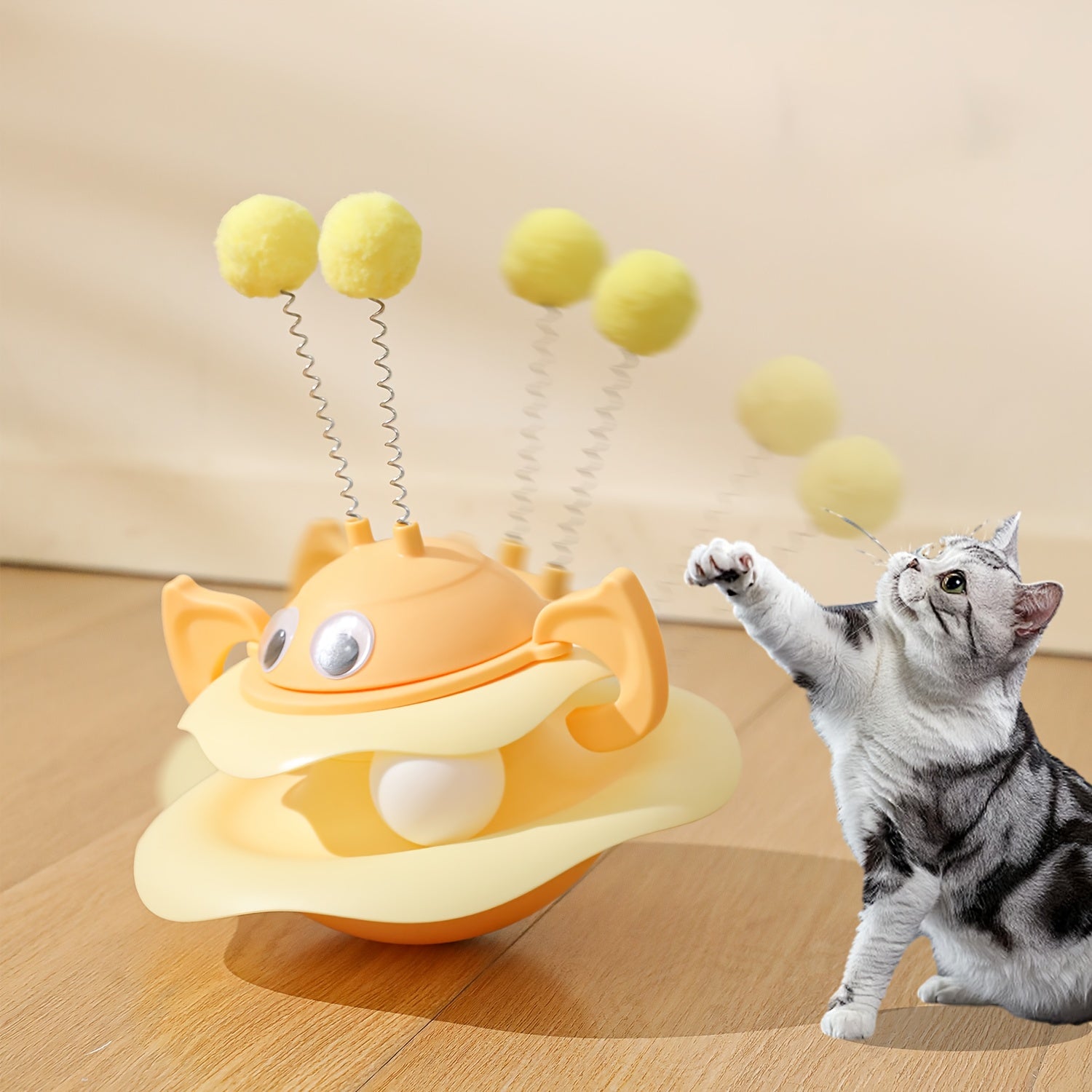 3-in-1 Interactive Cat Toy with Track Ball, Swing Ball &amp; Teaser Wand - Bee-Themed Tumbler Play Plate for Cats, Durable Plastic Design, No Batteries Needed, Fun Exercise &amp; Entertainment for Indoor Cats, Pet Engagement Toy | be