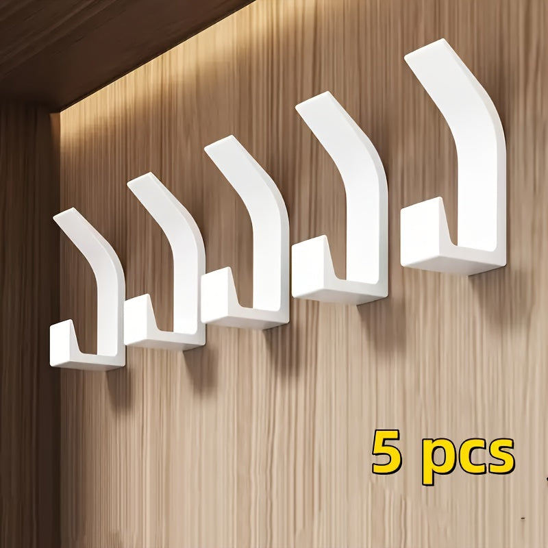 5pcs Modern No-Drill Wall Hooks, Space-Saving Adhesive Towel and Coat Hooks, Black Plastic, Sleek Design for Bathroom, Bedroom, and Home Organization, Utility Hooks