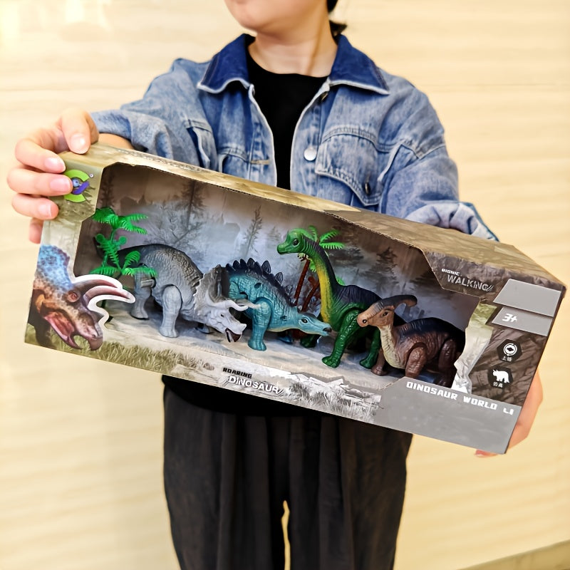 Dinosaure réaliste 4‑en‑1 et arbre 2‑en‑1, mâchoires et yeux mobiles, plastique durable, jouet interactif.