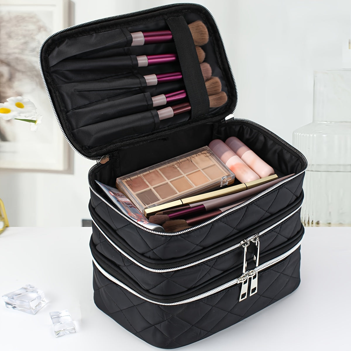 Large Capacity Black Rhombus &amp; Travel Organizer Handbag - 3-Tier/Double-Layer Portable Makeup Case with Golden-Tone Zippers, White Piping Trim, Durable Multi-Compartment Storage for, Spacious for Brushes, Lipstick, Electronic