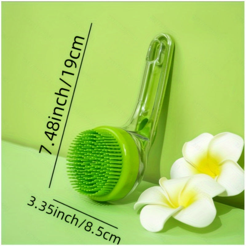 Brosse de bain douce pour chiens et chats, avec distributeur savon/shampoing, massage et nettoyage adaptés poils longs et courts.