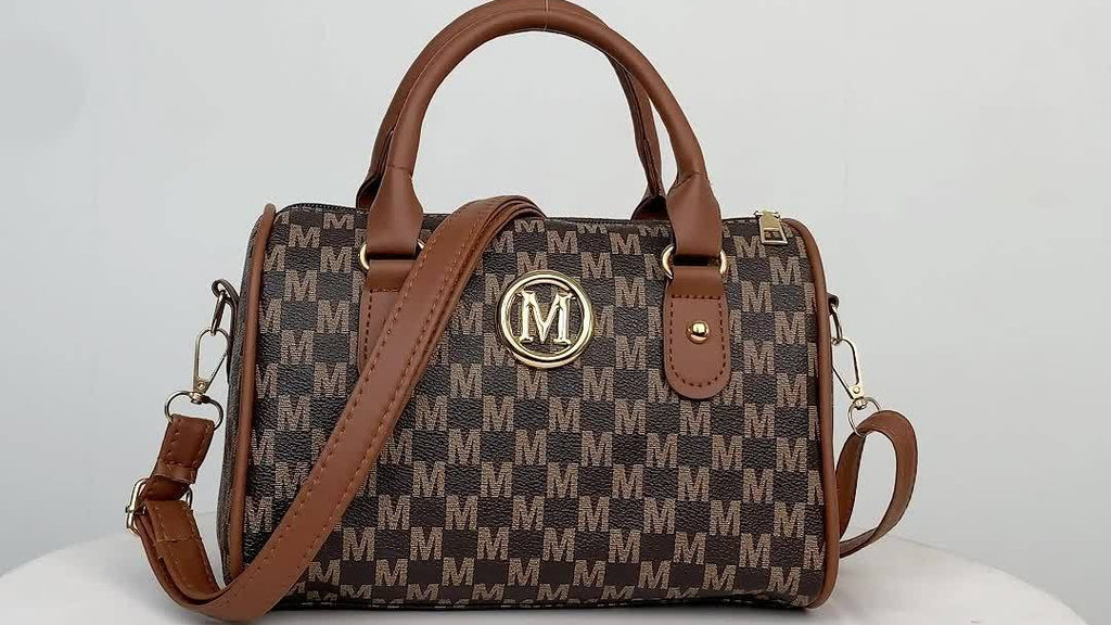 Perfect Lily Women'S Mini Shoulder Bag with Golden "M" Monogram - Elegant Houndstooth Design, Detachable Strap, Lightweight Synthetic Faux Leather Purse for Work, Travel, Parties &amp; Gifts (White/Black/Brown), Small Crossbody B