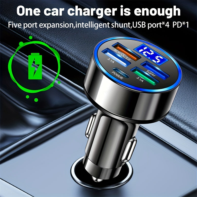Chargeur voiture 4 ports PD + QC 3.0, recharge ultra-rapide USB/Type-C, compatible multi-appareils, délivrant une puissance stable et sécurisée en déplacement.