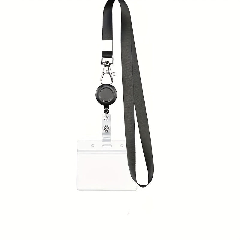 Lot de 2 lanières noires avec enrouleur rétractable et clip ID, accompagné de cartes verticales, parfait pour enseignants et bureaux.