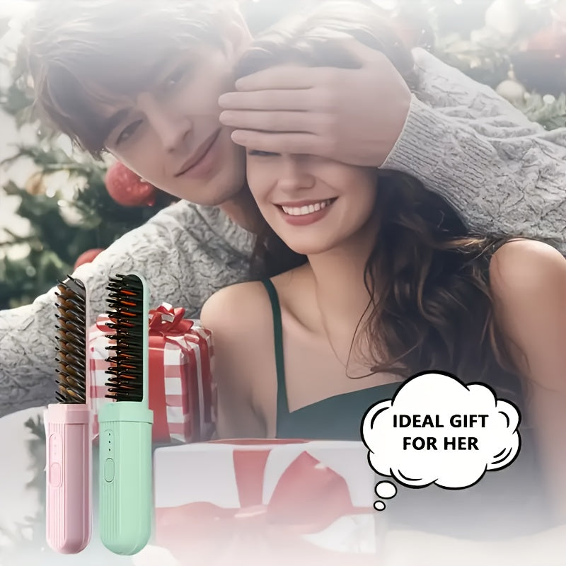 Brosse lissante et peigne USB rechargeable, fonctions lissage et boucle, ions négatifs, anti-brûlure, usage sec/humide, compacte pour voyage.
