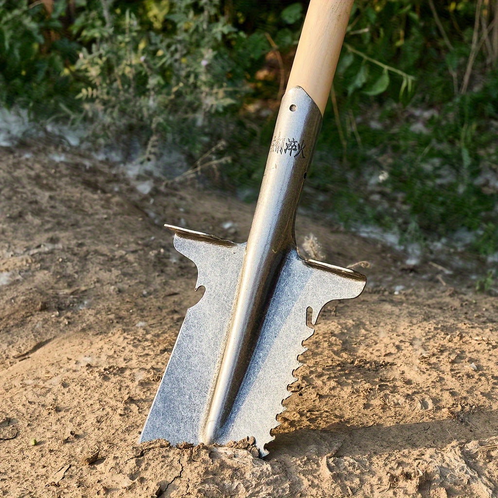 Dual-purpose serrated shovel, multi-purpose serrated shovel, manganese steel hardened shovel, sharp serrated edge, suitable for felling trees, deep digging, camping, gardening, sturdy and durable, ideal for firewood preparation