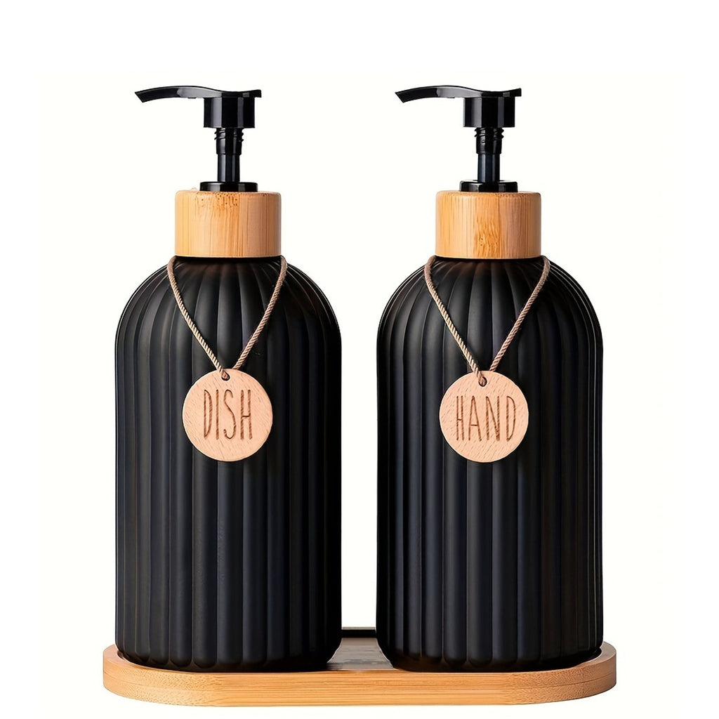 5pcs Modern Black Dish &amp; Hand Soap Dispenser Set - Heavy-Duty Plastic Countertop/Poorly- Counter Compatible Soap System (No Nickel-Free reservoir), Hygienic One-Touch &amp; Sink Area - Space-Saving Storage Containers for