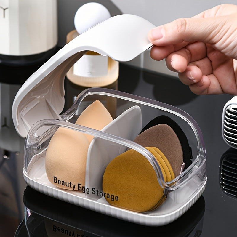 Boîte transparente pour éponge maquillage Organiseur antipoussière avec couvercle, plastique léger, idéal voyage ou maison, design clair pour visibilité optimale.
