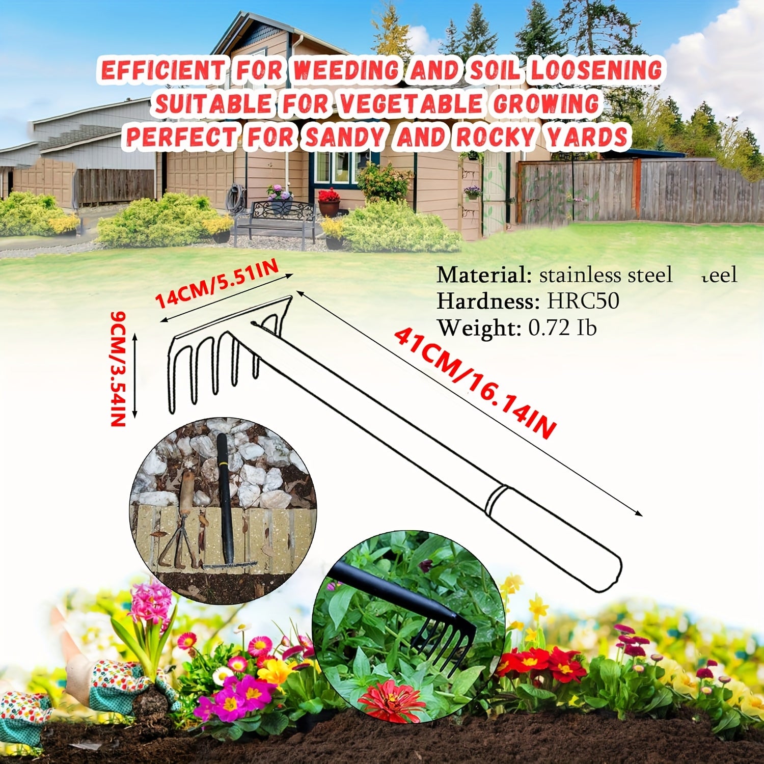 1pc Chuangyi Network Heavy Duty Carbon Steel Garden Hand Rake with Ergonomic Rubber Grip - Multi-Pronged Mini Hand Cultivator for Digging, Raking Leaves, Weeding, Lawn Care &amp; Soil Aeration - Durable Gardening Tool, Weeding Eq