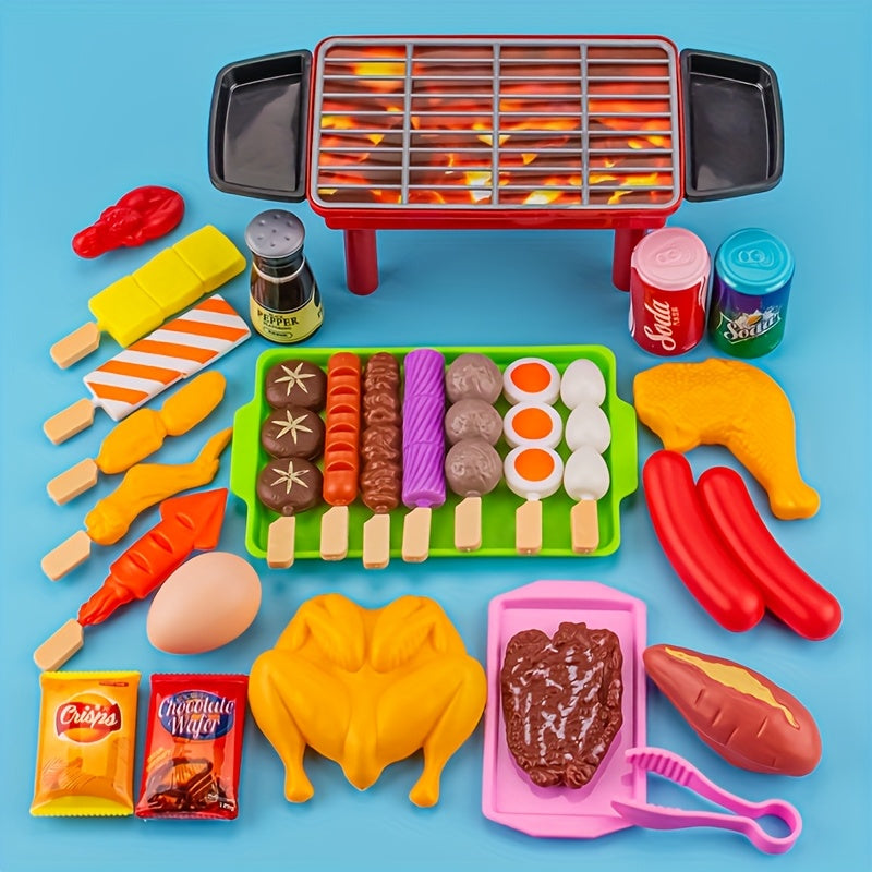 Set de jeux de cuisine, aliments et accessoires de barbecue simulés, idéal pour stimuler imagination et apprentissage des enfants.