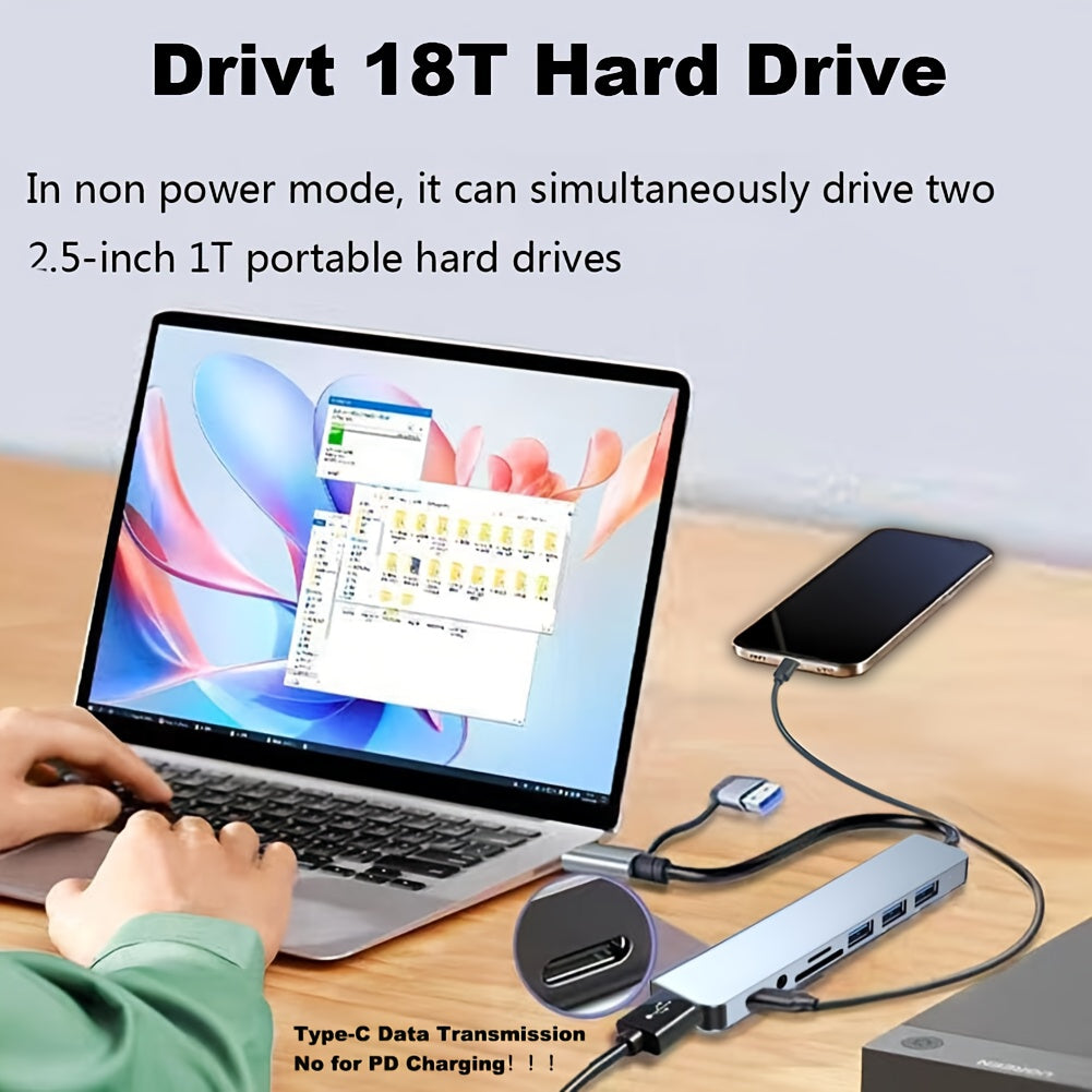 Multi-Function Hub, USB &amp; TYPE-C Ports, featuring USB 3.0 + USB-C + SD/TF + 3.5mm Audio. A versatile docking station that supports seamless multi-port collaboration, suitable for smartphones, tablets, and computers for both v