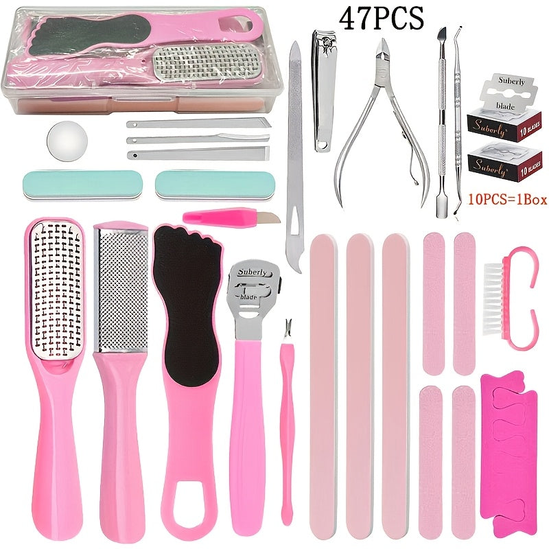 Set pédicure 47 pièces rose avec étui, soins professionnels, 20 lames remplaçables, pousse-cuticules, râpe callosités, acier inoxydable, plastique sans parfum, voyage.