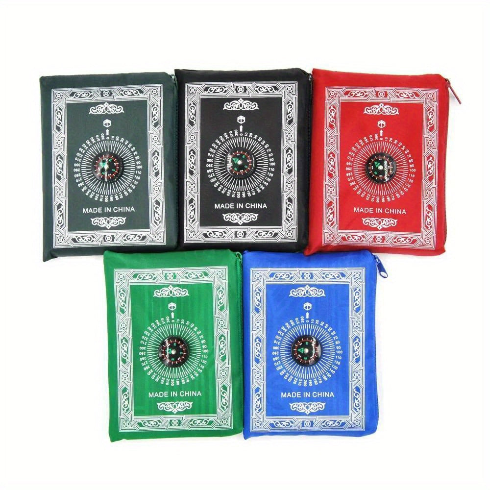 Tapis de prière musulman portable, boussole intégrée, design léger rouge, pratique pour voyage ou maison, cadeau traditionnel pour la prière.