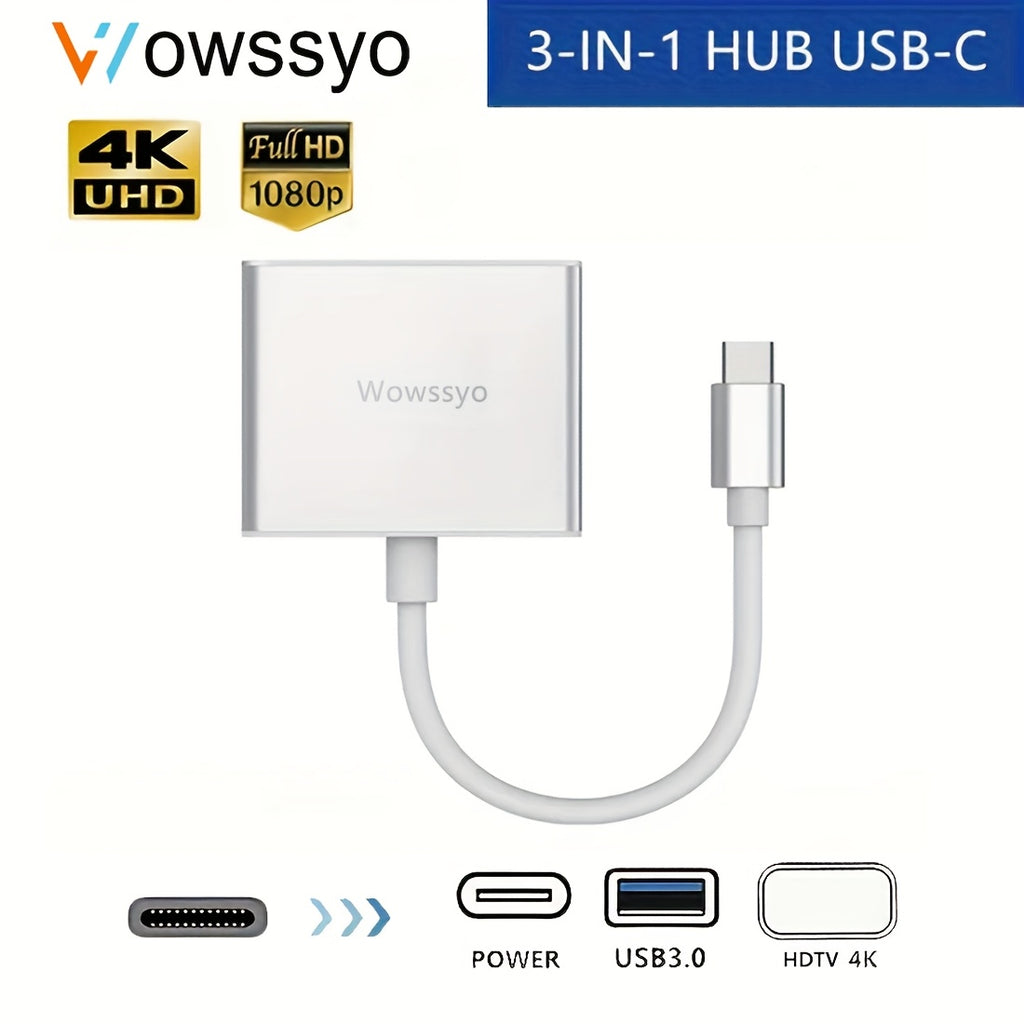 Hub USB-C 3-en-1 Wowssyo : Adaptateur aluminium, ports USB 3.0, PD 100 W, sortie 4K HDTV, compatible MacBook, iPad, PC et Nintendo Switch.