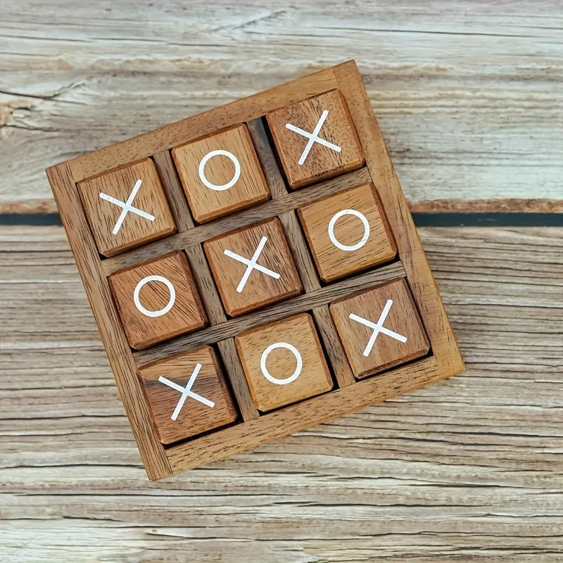 Jeu classique XO en bois, 9 blocs et plateau, idéal soirées familiales et décoration, parfait pour salon et cadeaux de fêtes.