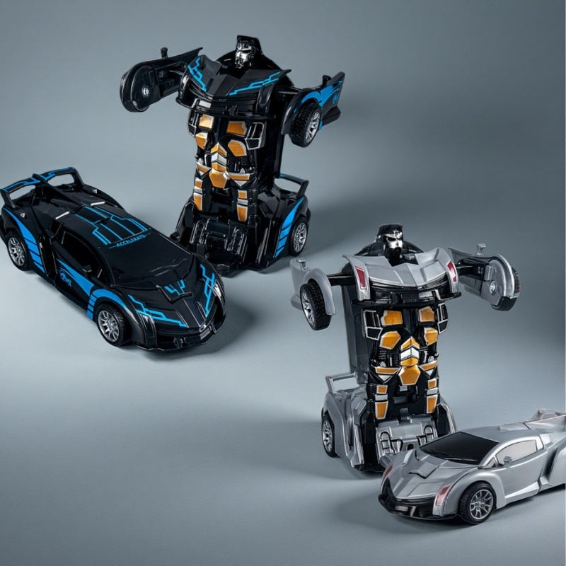 Jouet voiture robot transformable, activation par collision, propulsion inertielle, plastique ABS, détails réalistes, cadeau idéal pour enfants à Noël.