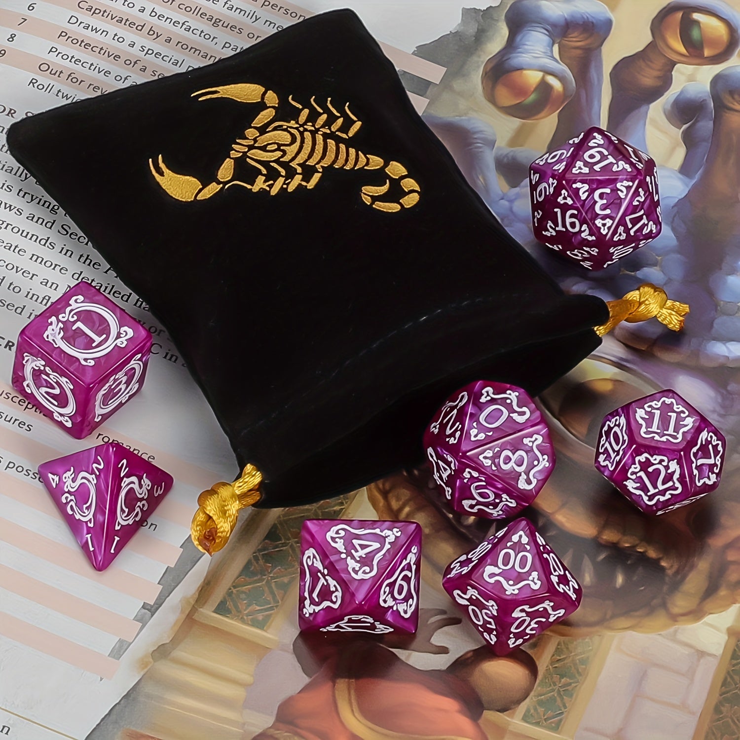 [مفضل لدى العملاء] مجموعة نرد متعدد السطوح فاخرة (7 قطع) مع حقيبة برباط لألعاب الطاولة من نوع الزنزانات والتنينات D&amp;D RPG MTG. مثالية للألعاب، والهالوين، وهدايا عيد الميلاد، ومغامرات تقمص الأدوار الخيالية.