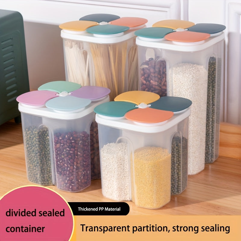 1pc 4 Grids Food Storage Containers With Lids, Clear Airtight Square Food Storage Tank, Multi-grid Moisture-proof Transparent Sealed Fresh-keeping Box, For Cereal, Rice, Pasta, Spice, Tea, Nuts And Beans, Food Jars & Canister