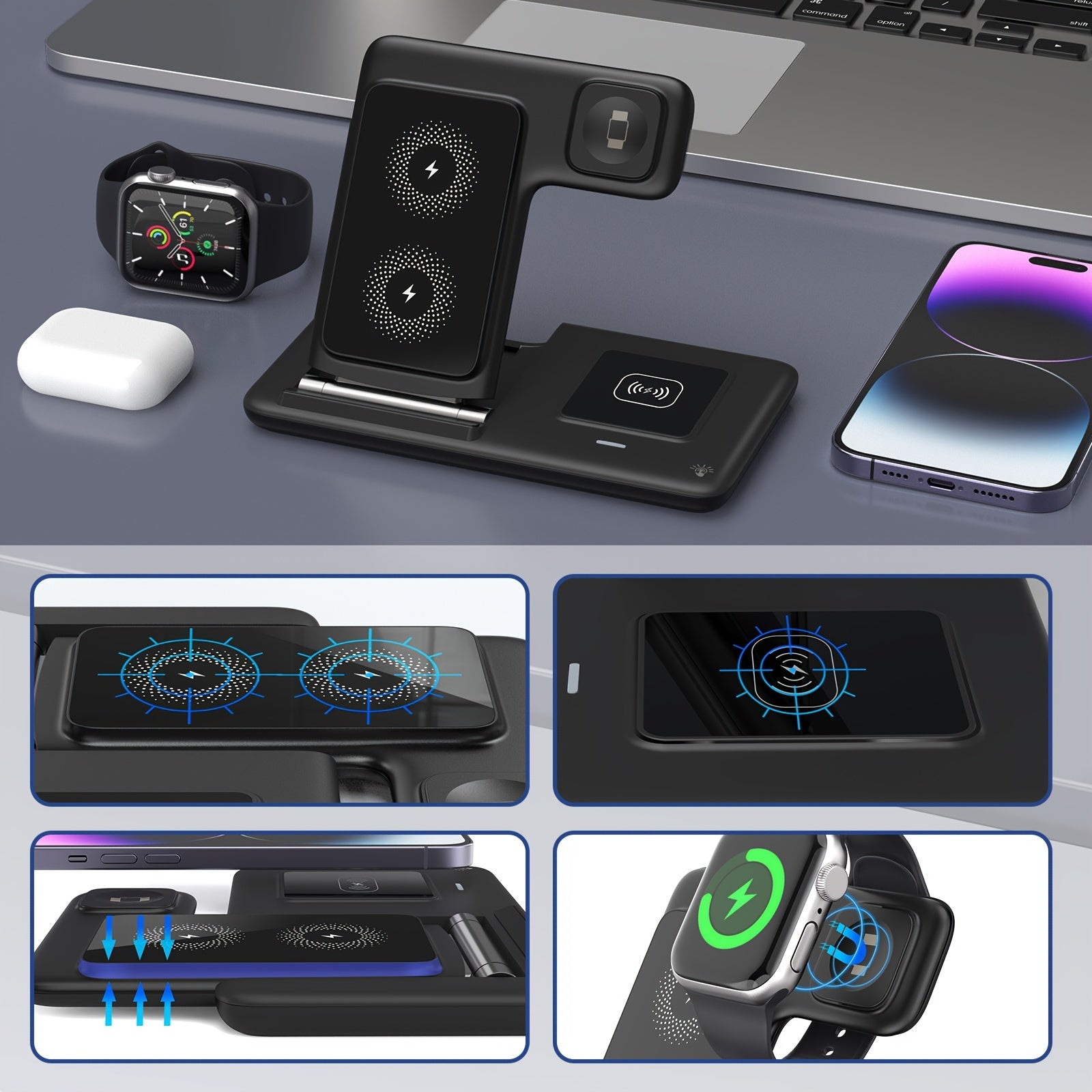 Wireless Charging Station for Multiple Devices Foldable 3in 1 Fast Charger Station Stand Dock for iWatch Series 9 8 7 6 SE 5 4 3 2 Ultra for Airpods Pro 3 2 for iPhone 15 14Pro 14 13 Pro Max 13 12 11 Pro