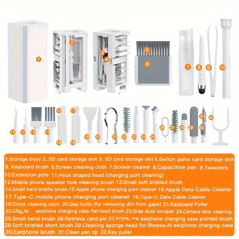 Kit de nettoyage 32-en-1 avec brosses adaptées pour claviers, écouteurs, tablettes, téléphones et appareils photo, entretien complet et pratique.